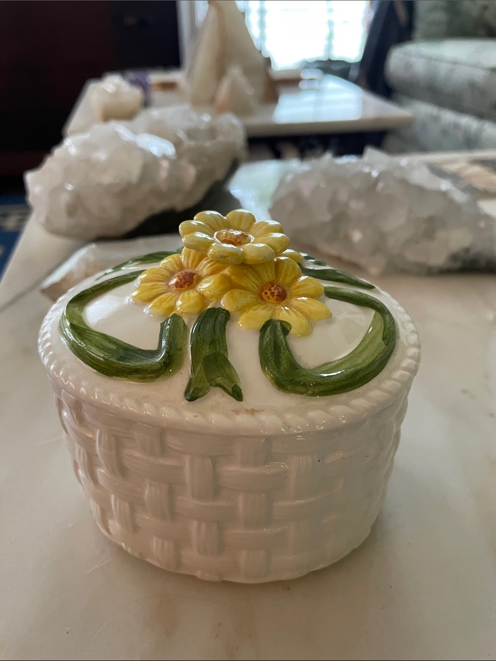 White Ceramic Basket Trinket Box with Yellow Flower Lid